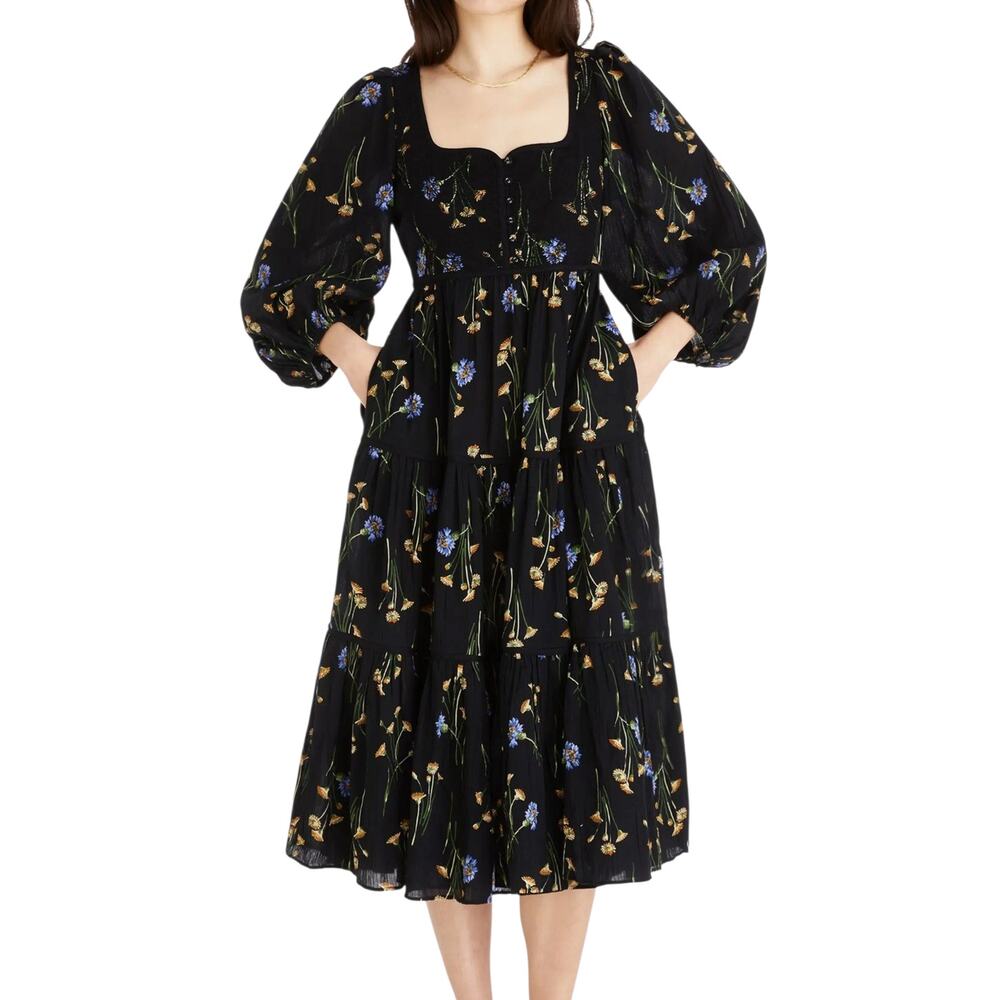 Madewell Xiomara Floral Print Midi Dress Sweetheart Neck Black Cottagecore XS 0